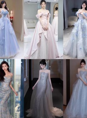 晚礼服女2025新款蓝色一字肩高端小众主持人成人礼生日毕业服出租