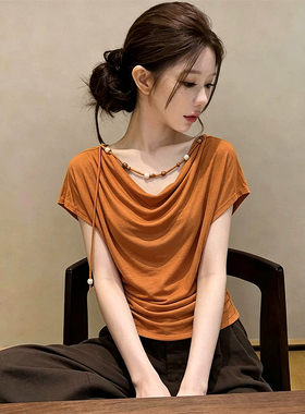 小众设计感夏季荡领气质百搭高级感别致修身显瘦短袖上衣女384