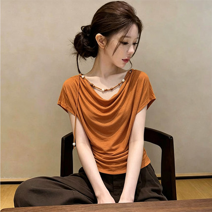 小众设计感夏季荡领气质百搭高级感别致修身显瘦短袖上衣女384