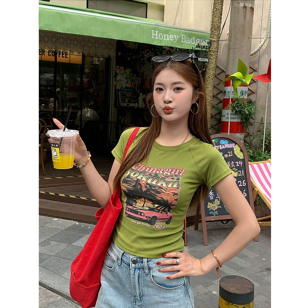 沙滩派对)美式复古夏季上衣新款时尚印花修身显瘦百搭短袖T恤378