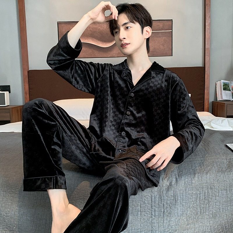 春秋珊瑚绒金丝绒家居服男士
