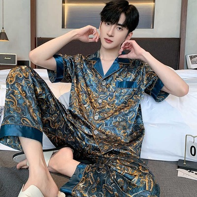 短袖长裤冰丝睡衣男大码