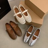 2024新款 女圆头浅口平底舒适跳舞凉鞋 小众芭蕾舞鞋 镂空透气小皮鞋