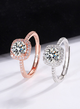 S925纯银一克拉活口小方糖莫桑石戒指女轻奢围镶钻戒求婚日常百搭