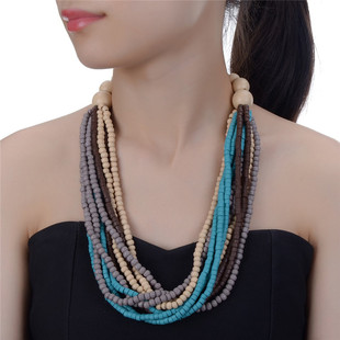 波西米亚多层木珠手工项链女 时尚民族风珠宝串珠短项链配饰品