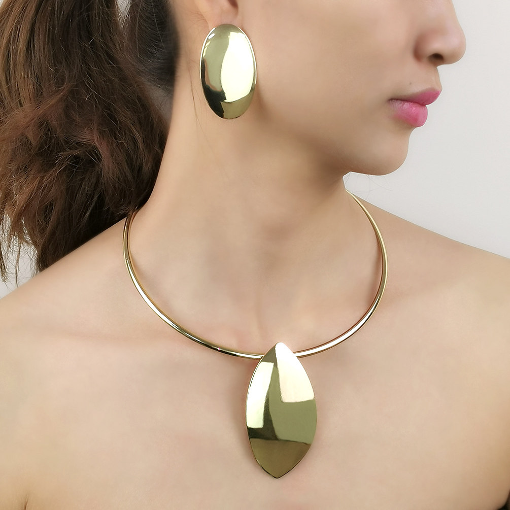 欧美夸张时尚铁片吊坠项链项圈耳环套装 潮流气质颈圈舞台配饰女