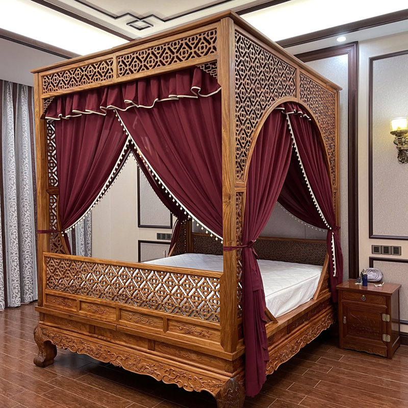 中式仿真絲酒紅色花邊防蚊床幔