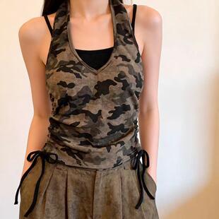 辣妹迷彩吊带背心女夏季 美式 带胸垫假两件抽绳上衣 推荐 自留爆款