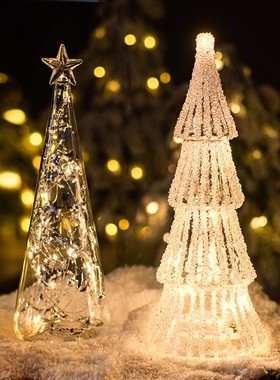 玻璃圣诞树灯桌面摆件装饰灯闪亮发光小夜灯商场橱窗场景布置