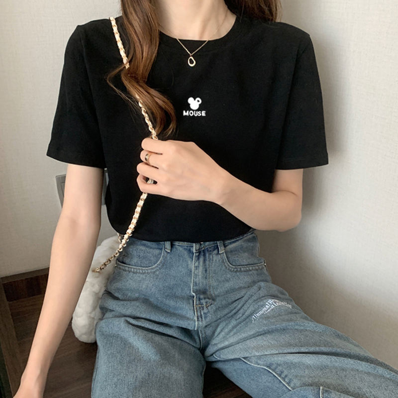 米奇半袖上衣2023夏季新款韩版纯棉显瘦短袖黑色宽松t恤女装ins潮