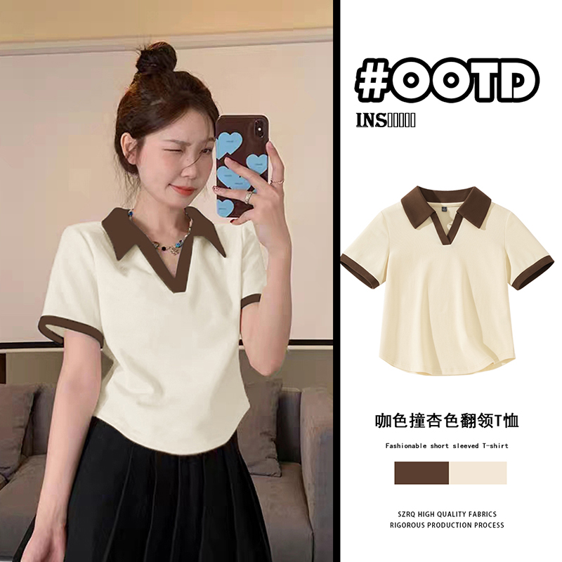新款拼色Polo衫短款夏季正肩短袖T恤女羽毛球运动透气翻领上衣服