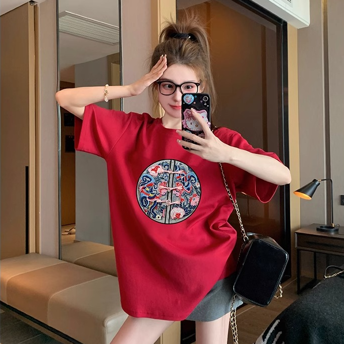 中式国风短袖t恤女2024龙年新款春季内搭休闲ins半袖红色正肩上衣