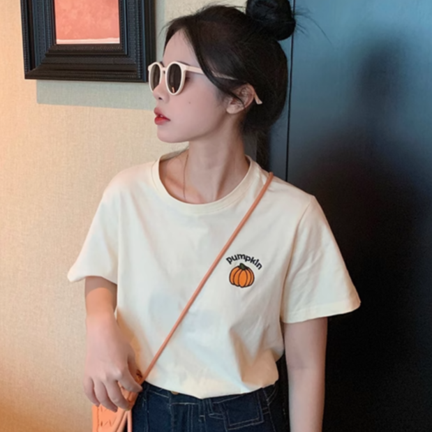 白色字母T恤女夏季2024新款韩版ins宽松百搭圆领纯棉短袖体恤上衣