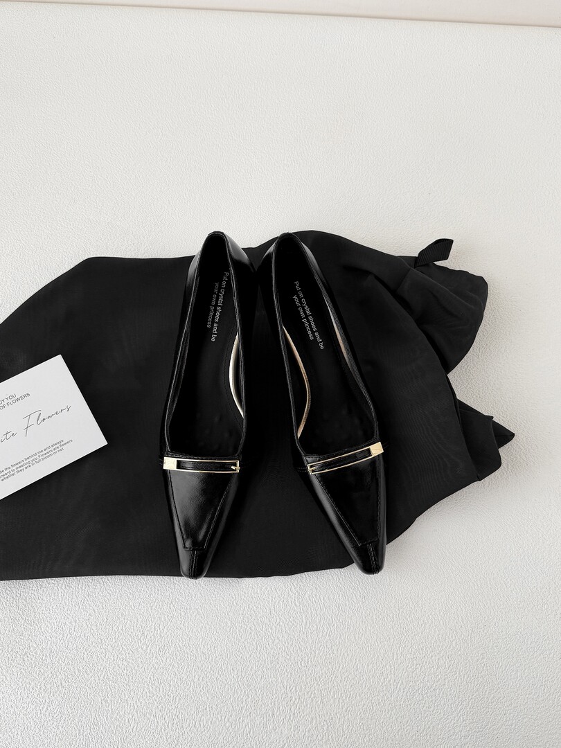 Black pointed-toe flats with gold buckle detail laid on black fabric