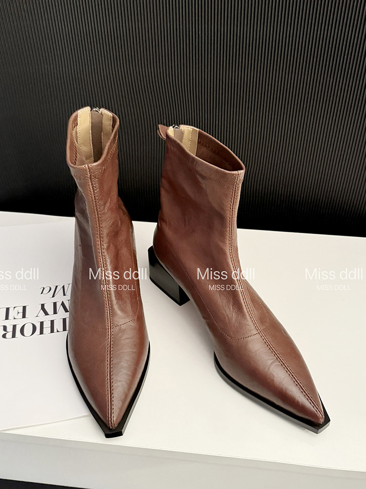 Brown pointed-toe ankle boots with block heels