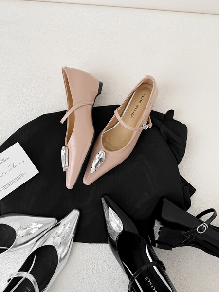 Patent pointed-toe Mary Jane flats with jeweled embellishment in multiple colors