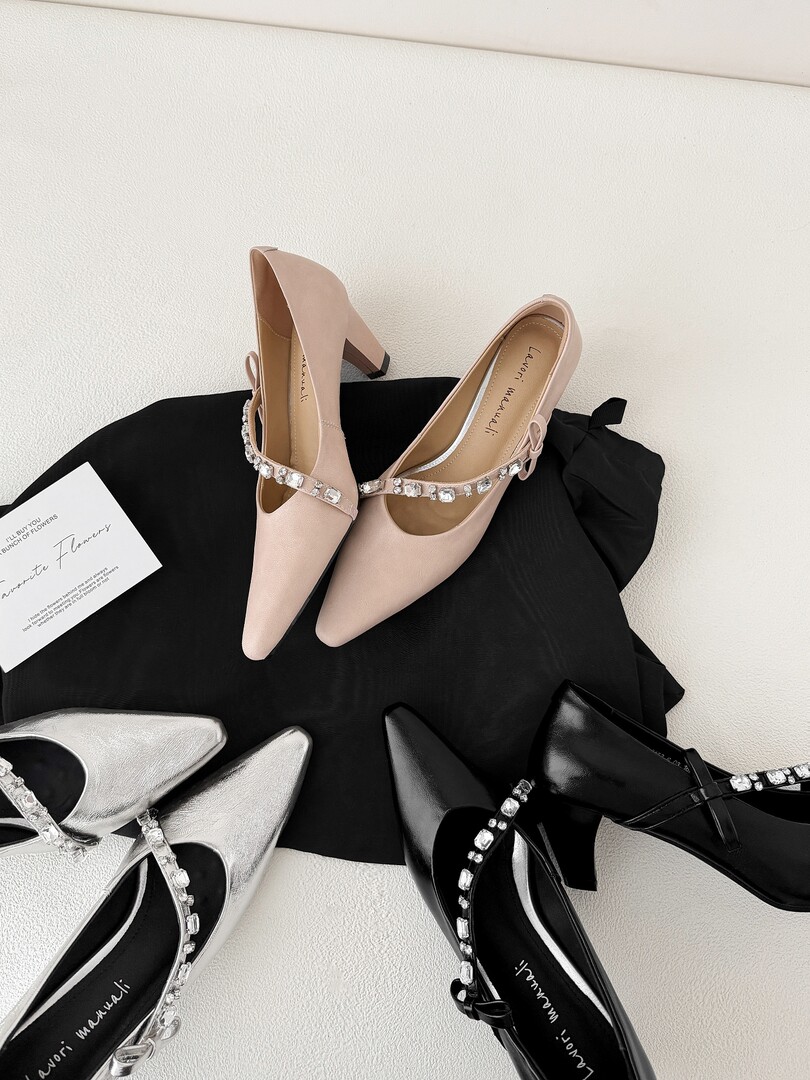 Pointed-toe jeweled slingback high heels in multiple colors