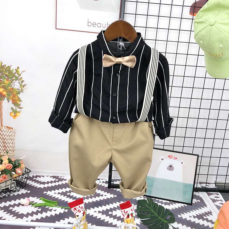 男童短袖白衬衫背带西裤套装长袖春夏纯棉花童礼服儿童衬衣演出服