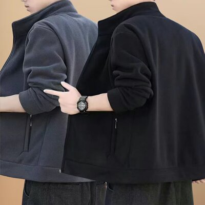 摇粒绒外套男士宽松立领加绒加厚保暖御寒夹克秋冬季加厚开衫卫衣