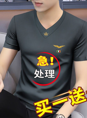 买一送一短袖t恤衫男士V领体恤夏季潮流潮牌百搭修身纯棉上衣服男