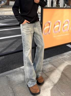 美式潮流潮牌微喇牛仔裤男春季显瘦微喇叭百搭cleanfit直筒长裤子