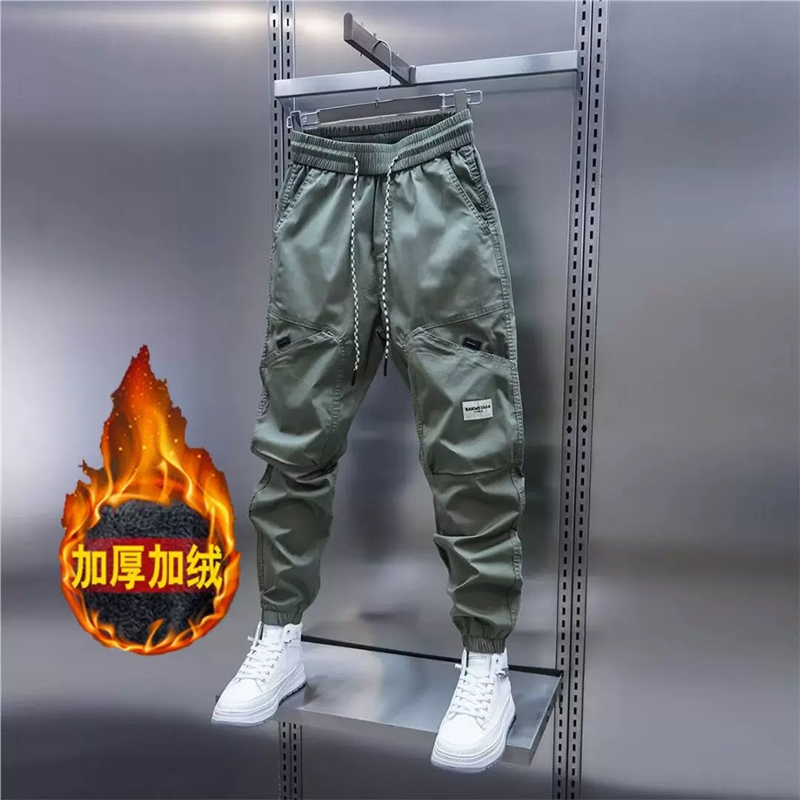 清仓捡漏秋冬季男纯色休闲裤加绒加厚口袋宽松哈伦小脚束脚工装裤