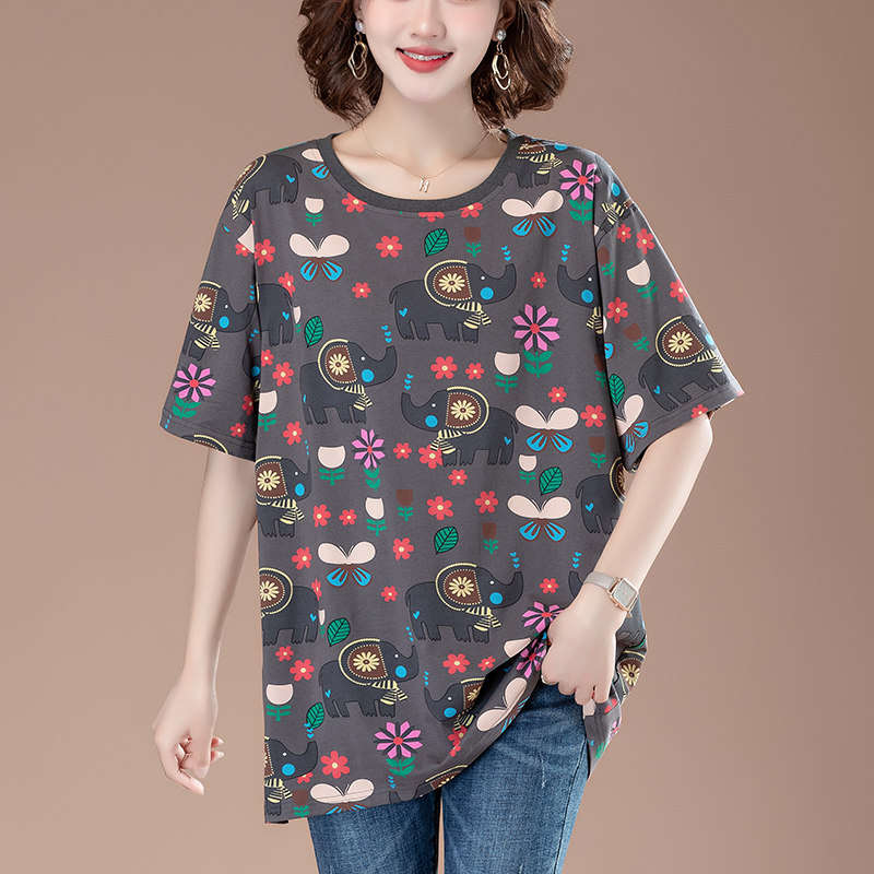 夏装短袖洋气中老年妈妈宽松显瘦遮肚子纯棉中年女士t恤印花上衣