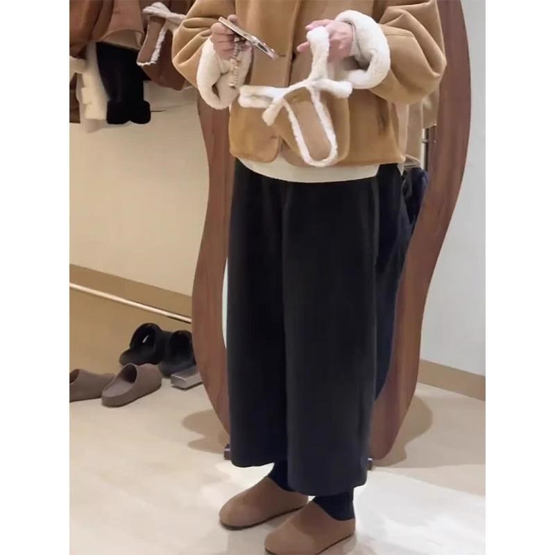 适用秋冬新款毛呢j休闲裤女大码胖mm梨形身材宽松显瘦慵懒阔腿奶