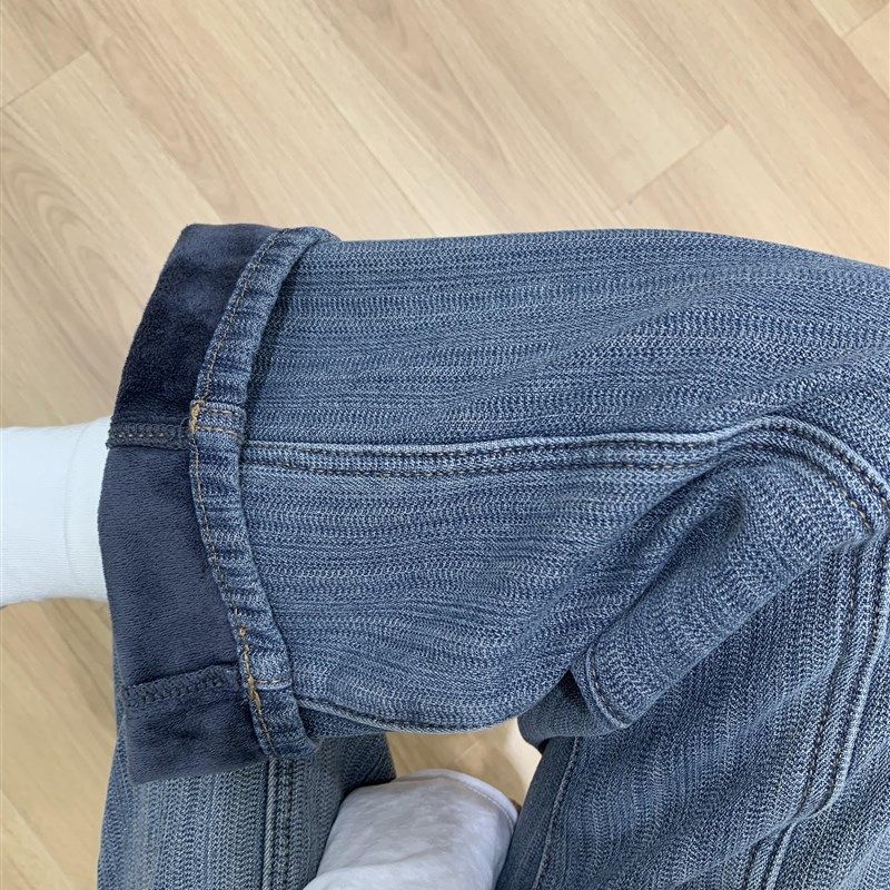 适用竹节纹理加绒加厚宽松直x筒牛仔裤女秋冬新款覆古蓝高腰窄版