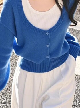 适用法国Rixgo Rane 减龄上衣蓝色假两件针织衫女今年流行的漂