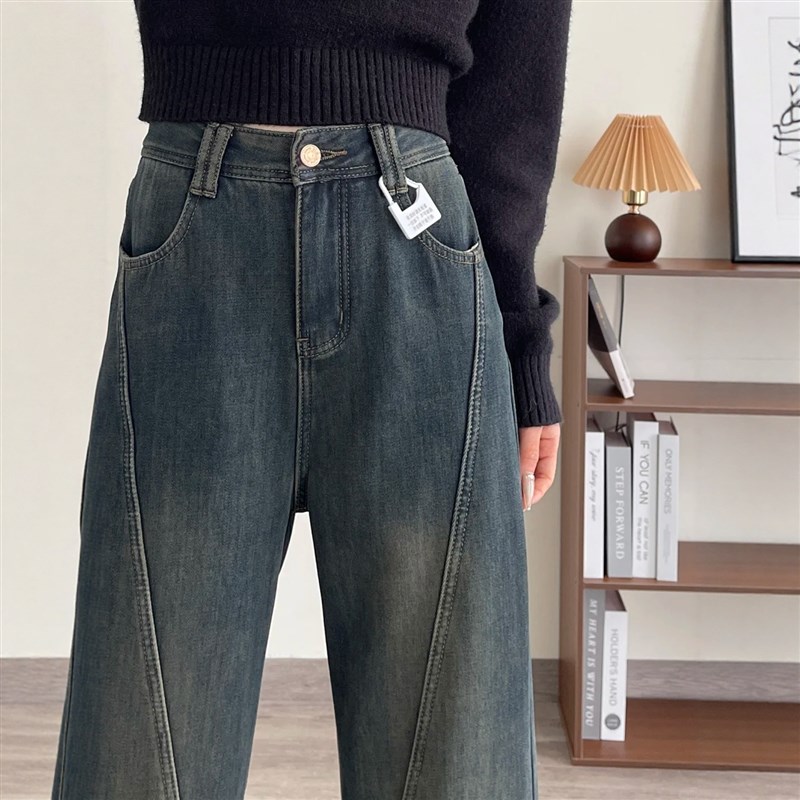 适用青石灰窄版复古阔腿r牛仔裤女秋冬加绒加厚胖妹妹mm宽松显瘦