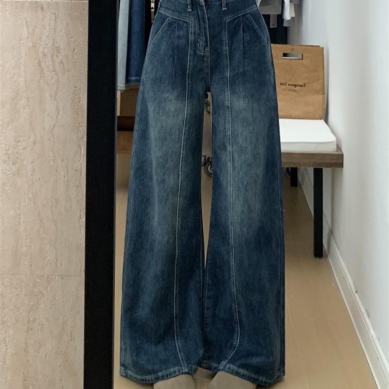 适用设计感褶皱阔腿牛仔裤女x秋冬新款覆古蓝高腰宽松显瘦直筒拖