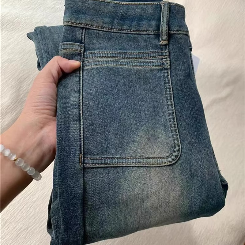 适用水泥灰加绒加厚微喇牛仔裤女冬季E胖妹妹mm高腰显瘦弹力马蹄