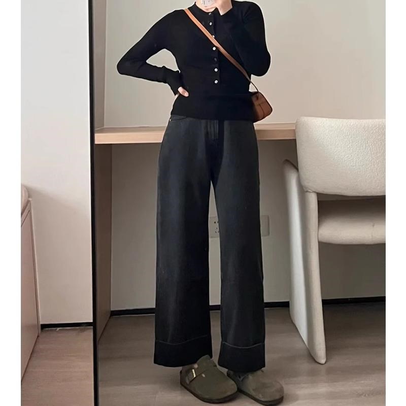 适用黑色窄版直筒牛仔o裤女秋冬加绒加厚大码胖mm显瘦小个子卷边