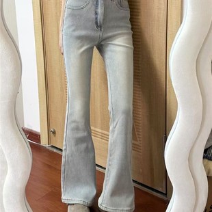 适用浅蓝色加绒加厚微喇牛仔裤女冬季胖妹J妹mm高腰遮胯弹力喇叭