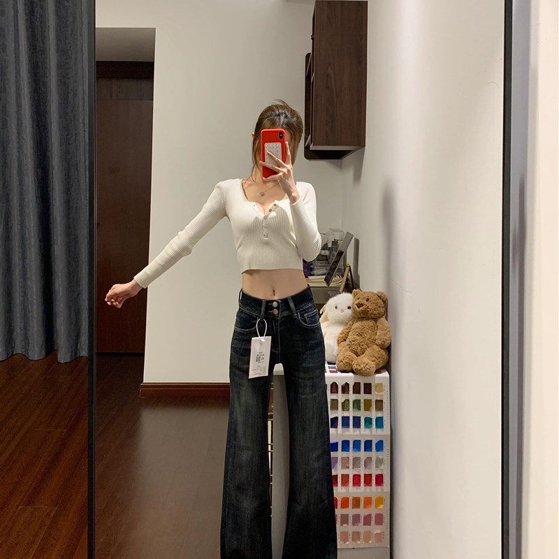 适用设计感双扣高腰m微喇叭牛仔裤女秋冬新款覆古蓝灰色弹力显瘦