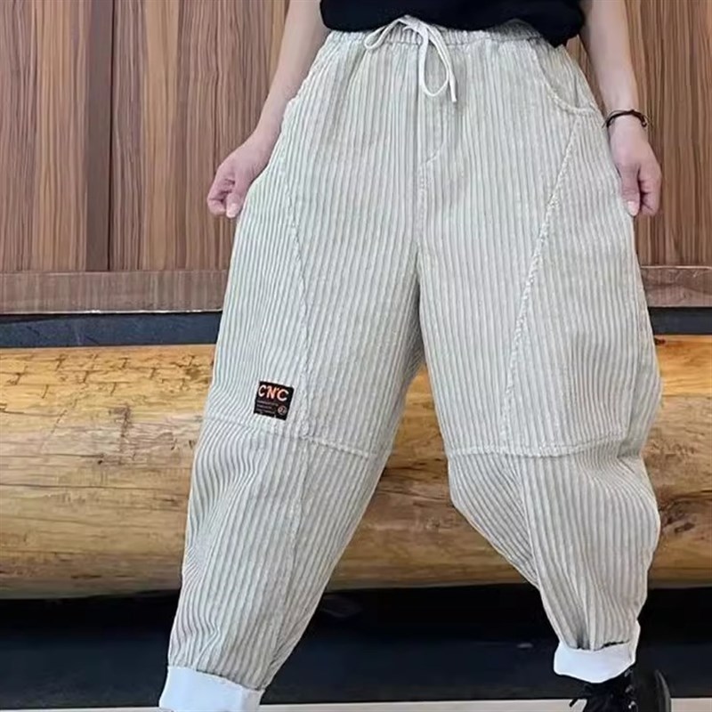 适用欧洲站2024秋冬新t款时尚休闲宽松竖条绒哈伦裤百搭洋气灯芯