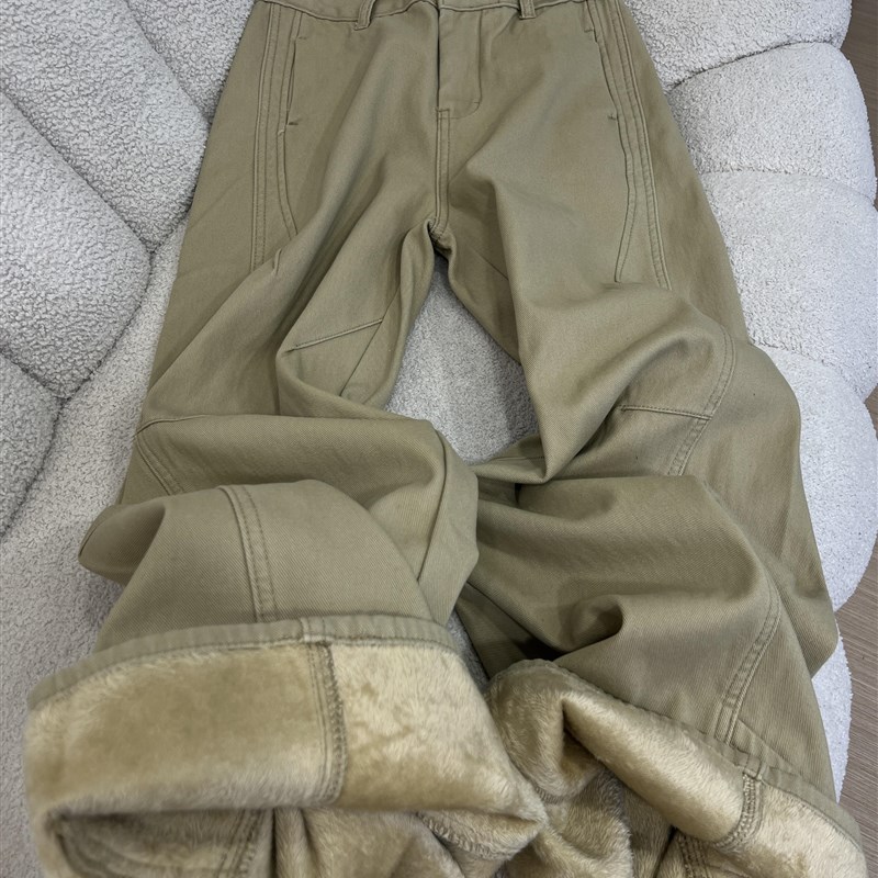 适用卡其色c加绒加厚宽松直筒牛仔裤女秋冬新款高腰显瘦垂感百搭