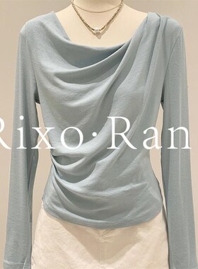 适用法国Rcixo Rane重磅推荐温柔风斜肩荡领长袖T恤女羊绒打底