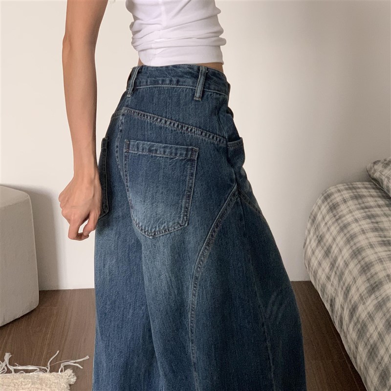 适用设计感弯刀阔腿牛仔裤女夏季新款美式K覆古高腰宽松显瘦垂感