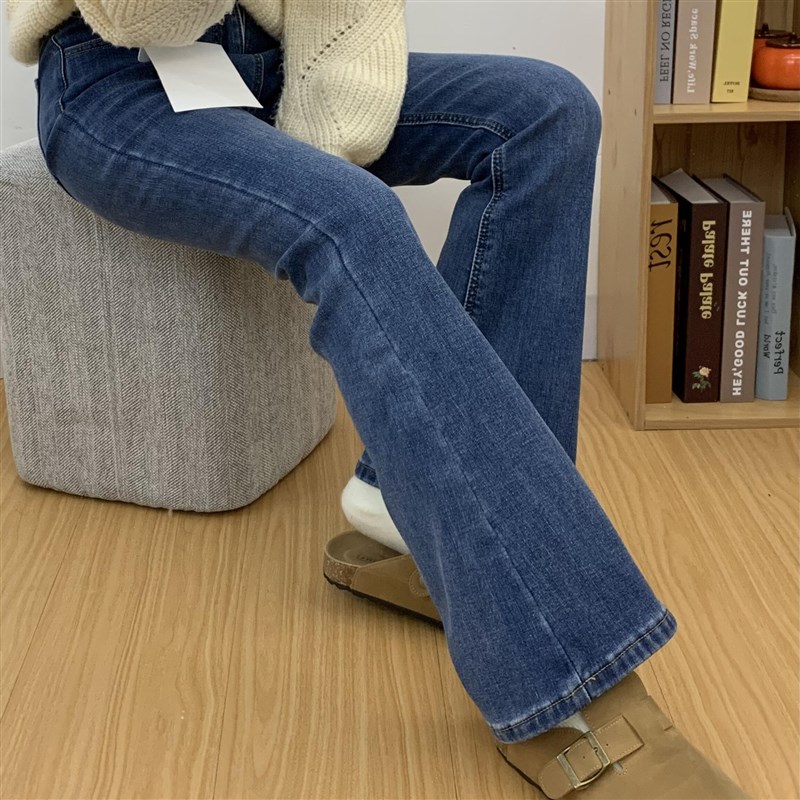 适用美式复古蓝高腰微喇叭牛仔裤女D秋冬新款加绒保暖弹力小个子