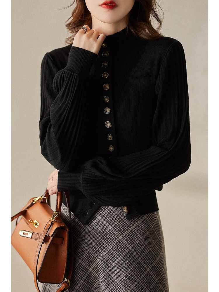 프렌치스타일&가디건 레트로팰리스스타일 버튼플라켓 신축성있는 핏스트립 플리츠소매 슬리밍