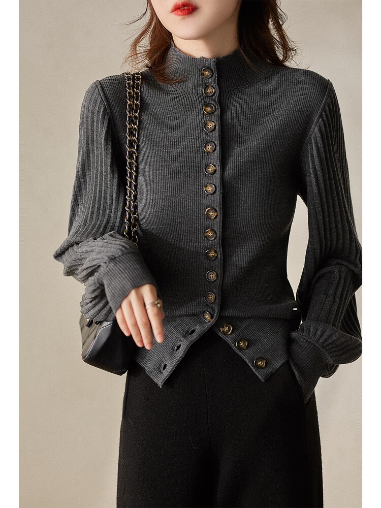 프렌치스타일&가디건 레트로팰리스스타일 버튼플라켓 신축성있는 핏스트립 플리츠소매 슬리밍