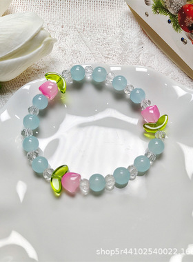 2024春季百搭彩色粉玉手链清新甜美水晶郁金香琉璃手串女田园风