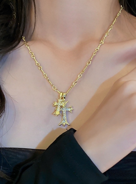 真金电镀镶钻十字架锁骨链