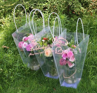 透明梯形鲜花手提袋花束塑料手提袋鲜花包装材料装花束袋子多规格