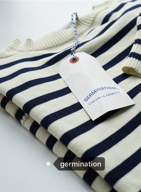 GERMINATION法式古法织造经典螺纹领全棉厚重男女条纹甘地针织衫