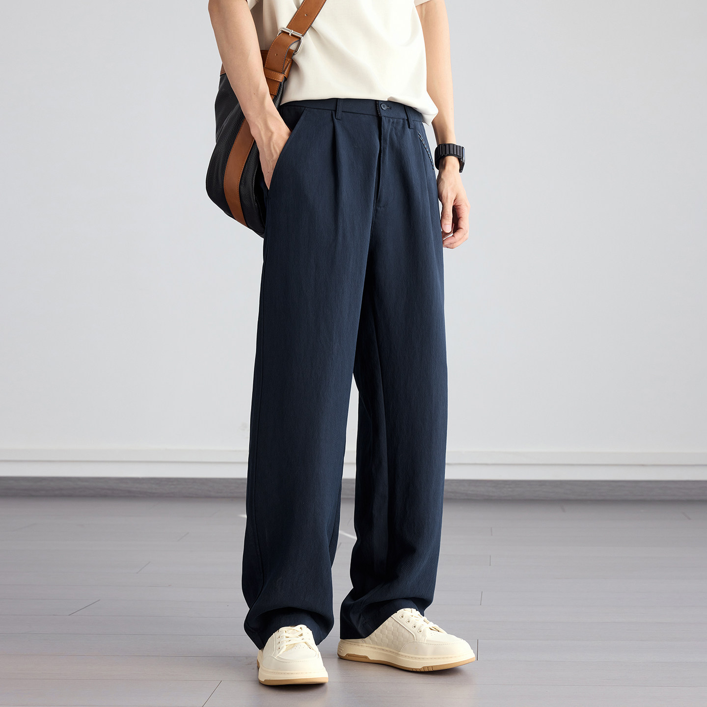 高端天丝莱赛尔直筒休闲裤男士藏青色宽松长裤2026春夏季新款裤子