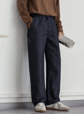 通勤风简约百搭拼接休闲裤男2026早春新款宽松复古蓝色仿牛仔裤子