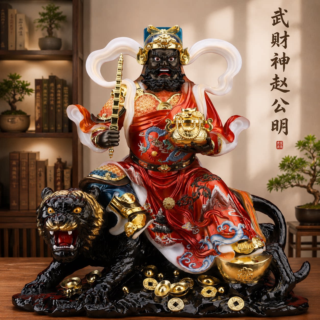 五路财神赵公明神像武财神爷骑黑虎赵元帅玄坛汉白玉家用摆件供奉